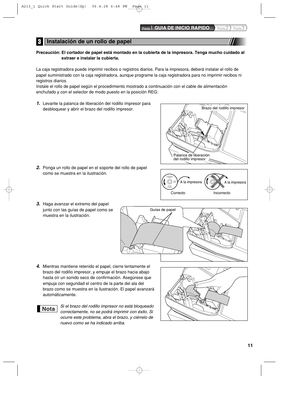 Nota, Instalación de un rollo de papel | Sharp XE-A213 User Manual | Page  301 / 484