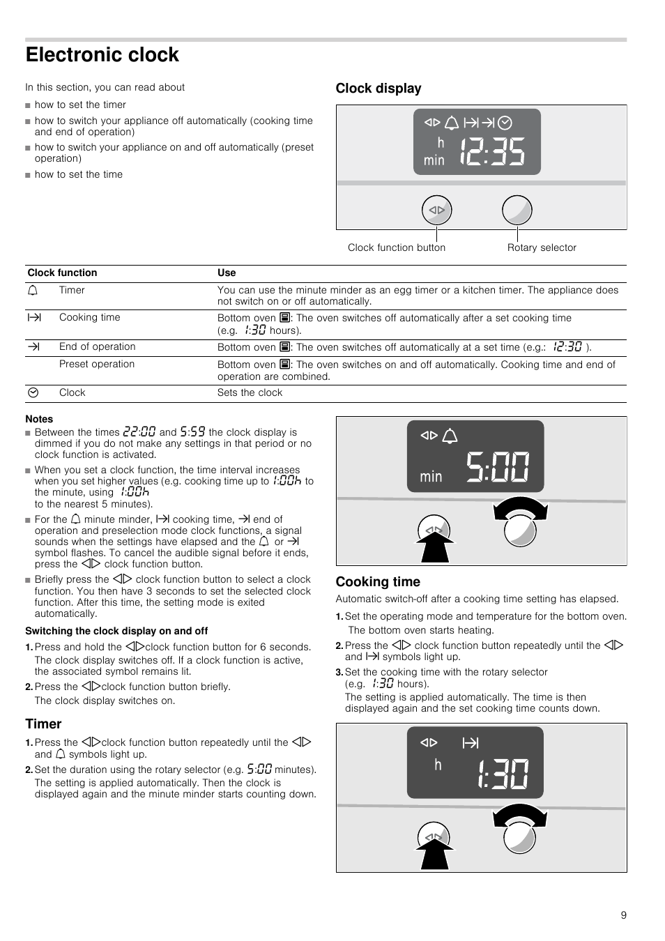 Electronic clock, Clock display, Notes | Neff U17S32N3GB User Manual | Page  9 / 24