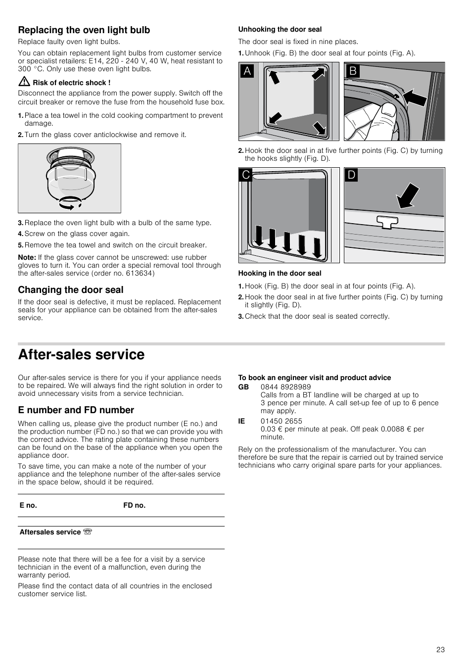 Replacing the oven light bulb, Risk of electric shock, Turn the glass cover  anticlockwise and remove it | Neff B44M42N3GB User Manual | Page 23 / 28