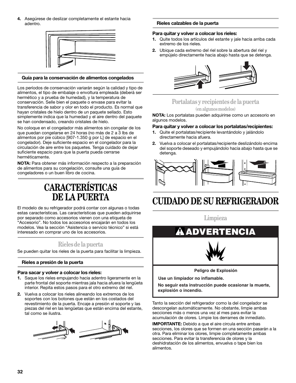 En honor télex Usual Características de la puerta, Cuidado de su refrigerador, Advertencia |  Whirlpool W8TXNWMBQ User Manual | Page 32 / 56 | Original mode