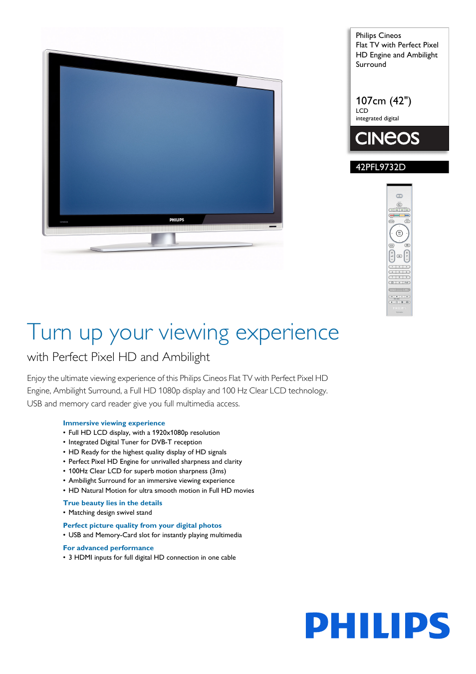 Philips Cineos Flat TV User Manual | 3 pages