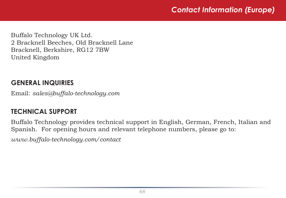 Contact information (europe) | Buffalo Technology LS-WSGL User Manual |  Page 68 / 70