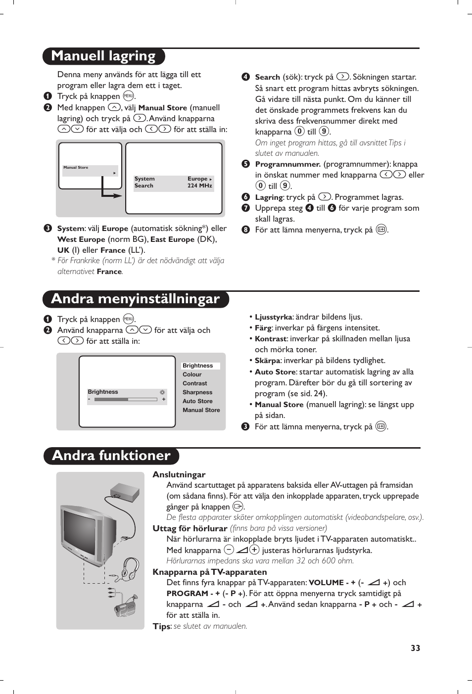 Manuell lagring andra menyinställningar, Andra funktioner | Philips  Televisor User Manual | Page 33 / 78 | Original mode