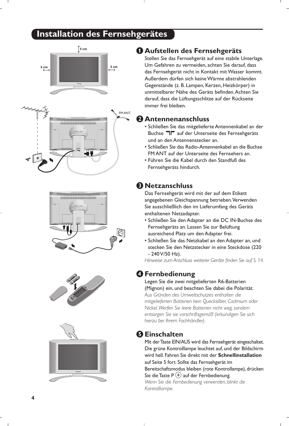 Installation des fernsehgerätes, Aufstellen des fernsehgeräts, É  antennenanschluss | Philips Matchline Flat TV User Manual | Page 36 / 192