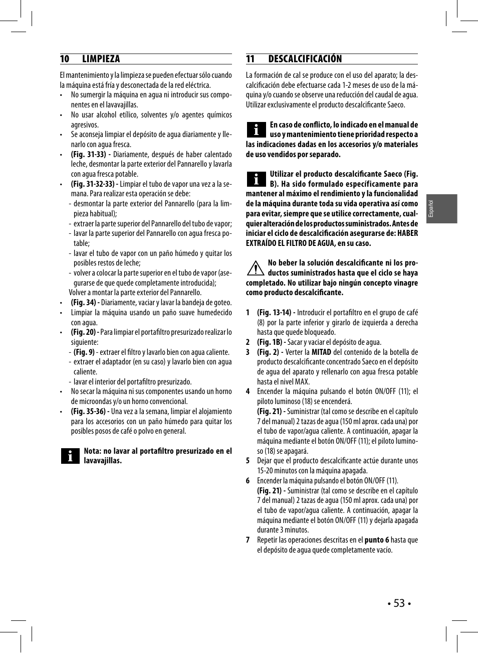 10 limpieza, 11 descalcificación | Philips Saeco Poemia Cafetera expreso  manual User Manual | Page 53 / 120