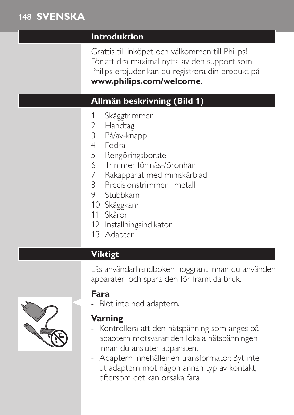 Svenska, Svenska 14 | Philips MULTIGROOM Series 3000 Set de cara de arreglo  personal resistente al agua User Manual | Page 148 / 174 | Original mode