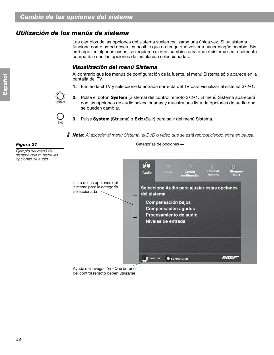 Español, Visualización del menú sistema | Bose 3.2.1 GS Series II User  Manual | Page 100 / 180 | Original mode