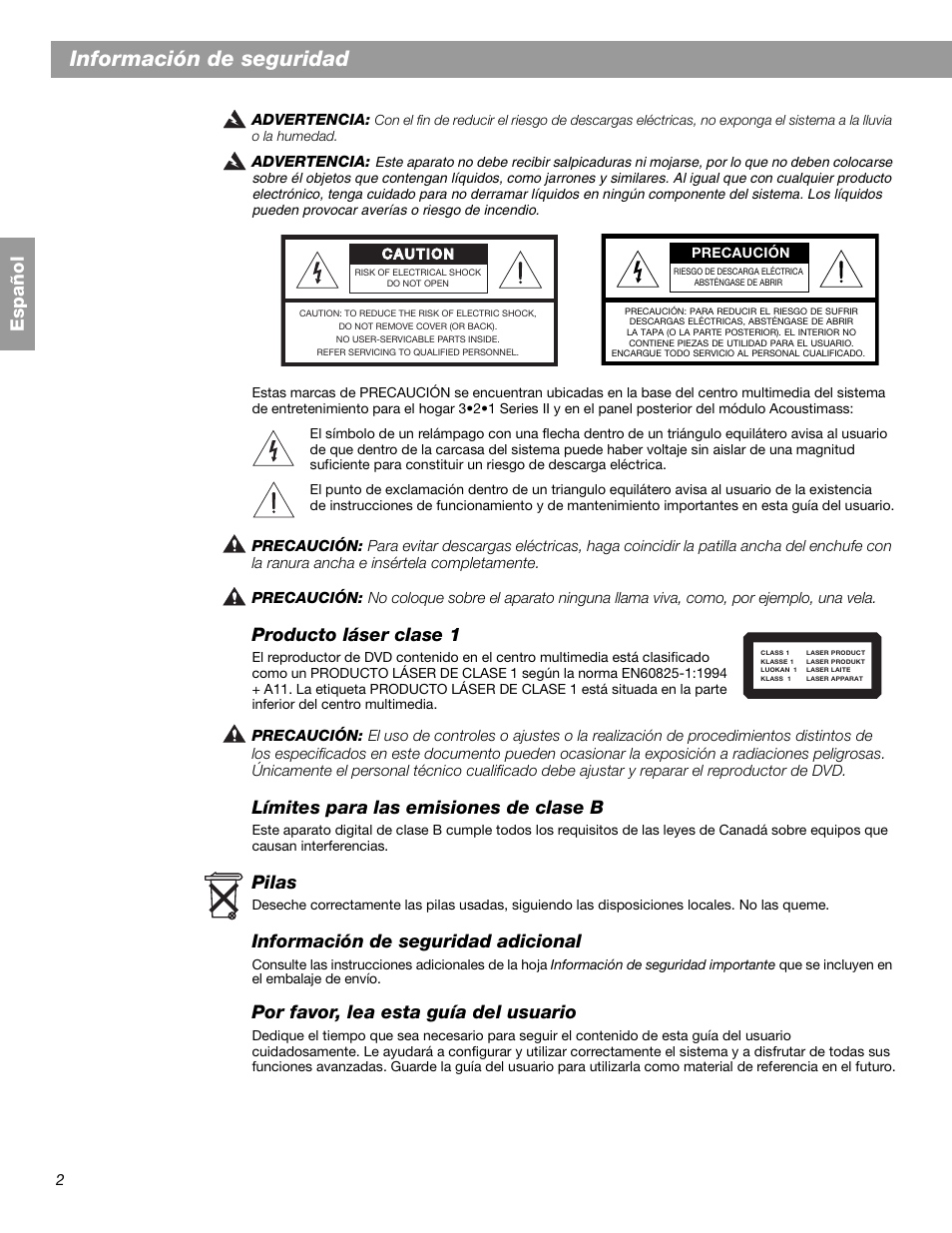 Información de seguridad, Español, Producto láser clase 1 | Bose 3.2.1 GS  Series II User Manual | Page 58 / 180 | Original mode