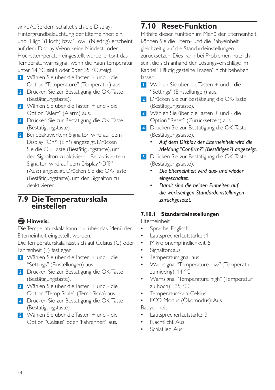 10 reset-funktion, 9 die temperaturskala einstellen | Philips AVENT  Vigilabebés DECT User Manual | Page 44 / 204 | Original mode