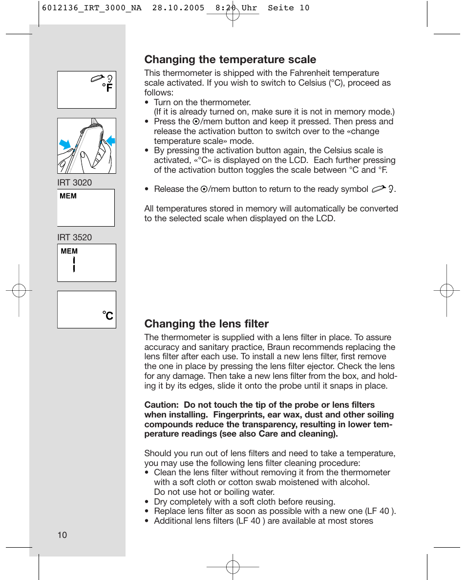 Changing the temperature scale, Changing the lens filter | Braun ThermoScan  IRT 3020 User Manual | Page 10 / 16