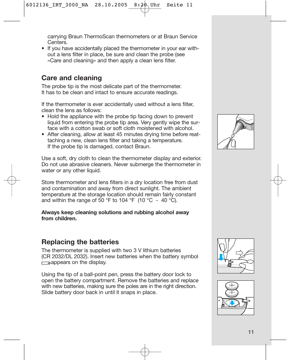 Care and cleaning, Replacing the batteries | Braun ThermoScan IRT 3020 User  Manual | Page 11 / 16