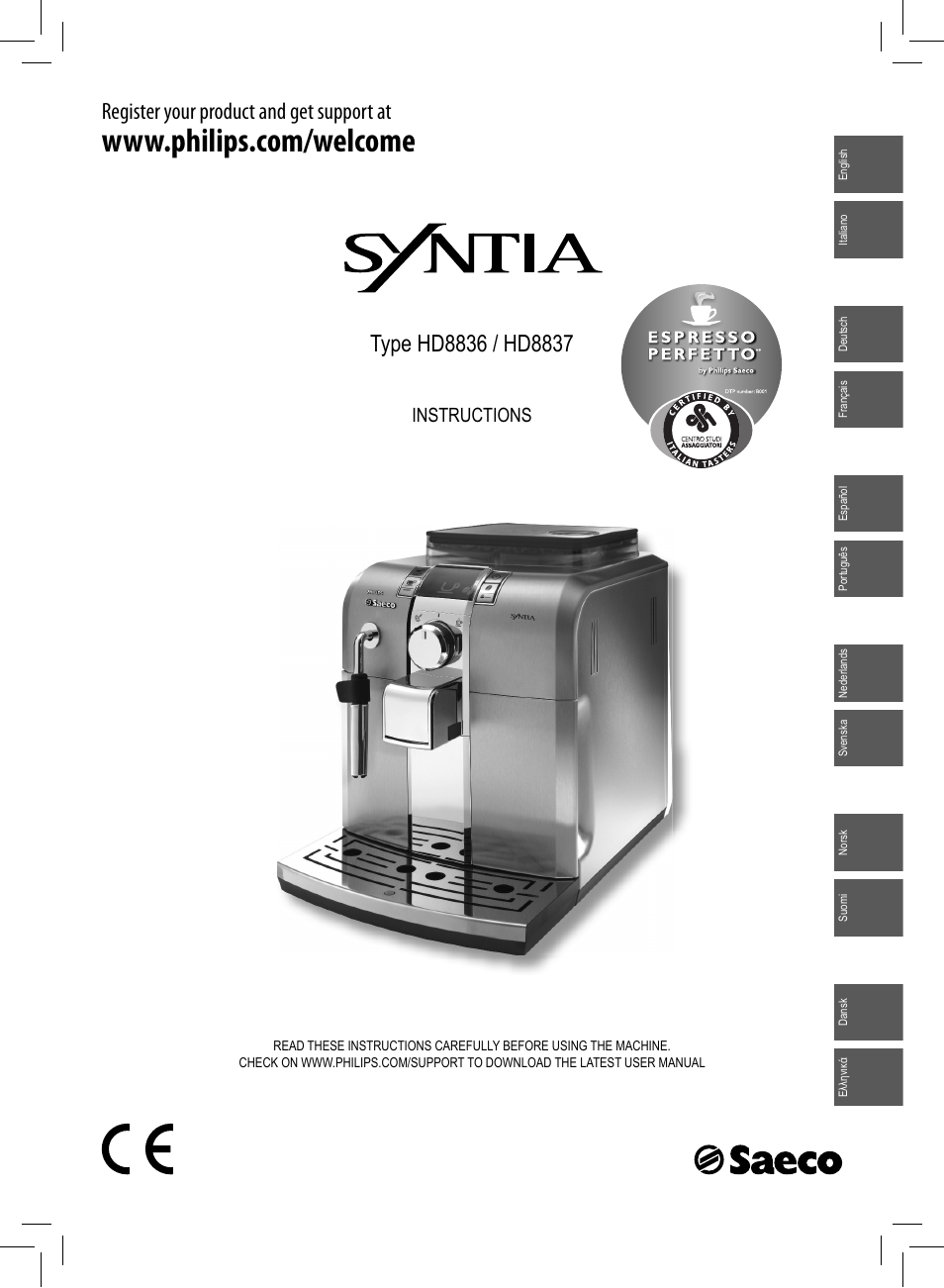 Philips Saeco Syntia Cafetera expreso súper automática User Manual | 84  pages | Also for: Saeco Syntia Machine espresso Super Automatique, Saeco  Syntia Kaffeevollautomat