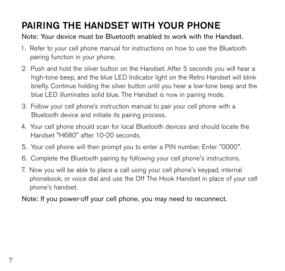 Pairing the handset with your phone Brookstone Off the Hook