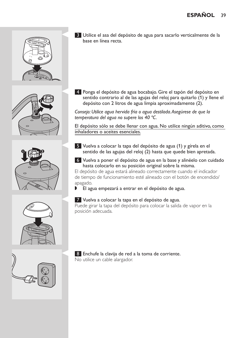 Español | Philips AVENT Humidificador ultrasónico User Manual | Page 39 /  106