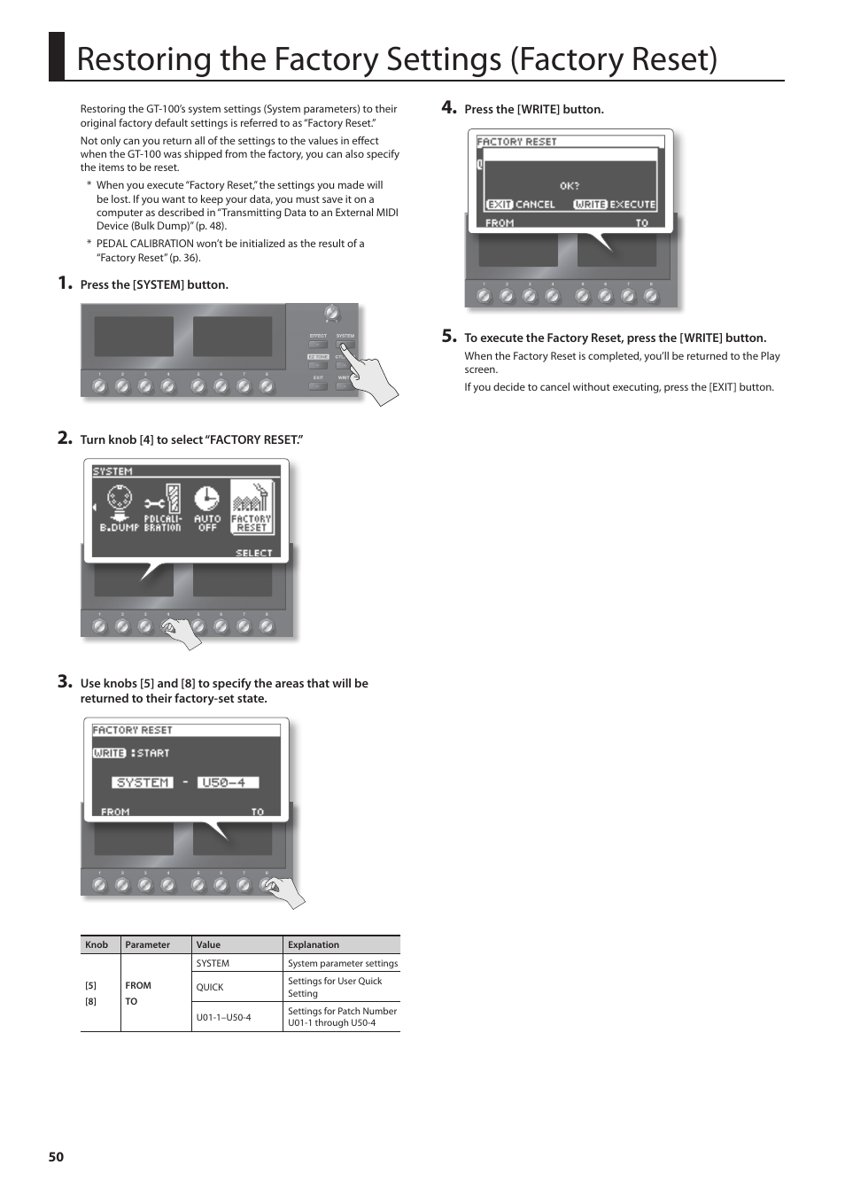 Restoring the factory settings (factory reset) | Boss Audio Systems GT-100  User Manual | Page 50 / 68