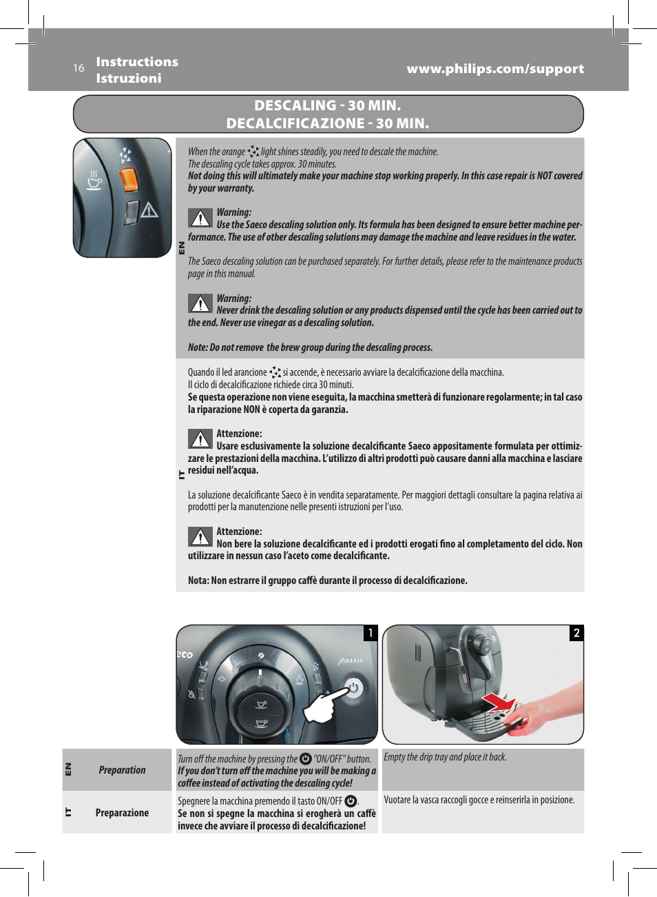 Descaling - 30 min. decalcificazione - 30 min | Philips Saeco Xsmall  Machine espresso Super Automatique User Manual | Page 16 / 72 | Original  mode