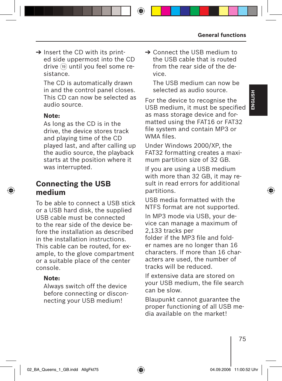 Connecting the usb medium | Blaupunkt QUEENS MP56 7 646 583 310 User Manual  | Page 10 / 67