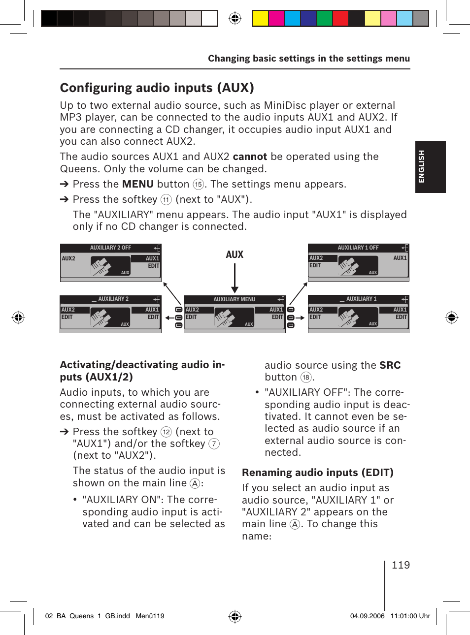 Conﬁ guring audio inputs ( aux), The settings menu appears. press the  softkey, Next to "aux1") and/or the softkey | Blaupunkt QUEENS MP56 7 646  583 310 User Manual | Page 54 / 67 | Original mode