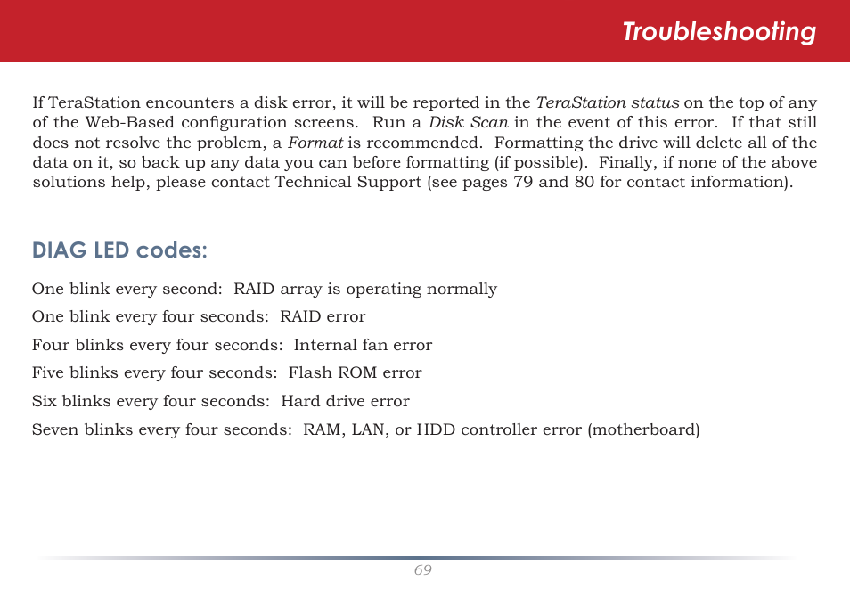 Troubleshooting, Diag led codes | Buffalo Technology TeraStation HD-HTGL/R5  User Manual | Page 69 / 82