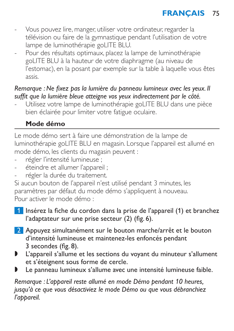 Mode démo | Philips goLITE BLU Lampe Energylight User Manual | Page 75 /  132 | Original mode