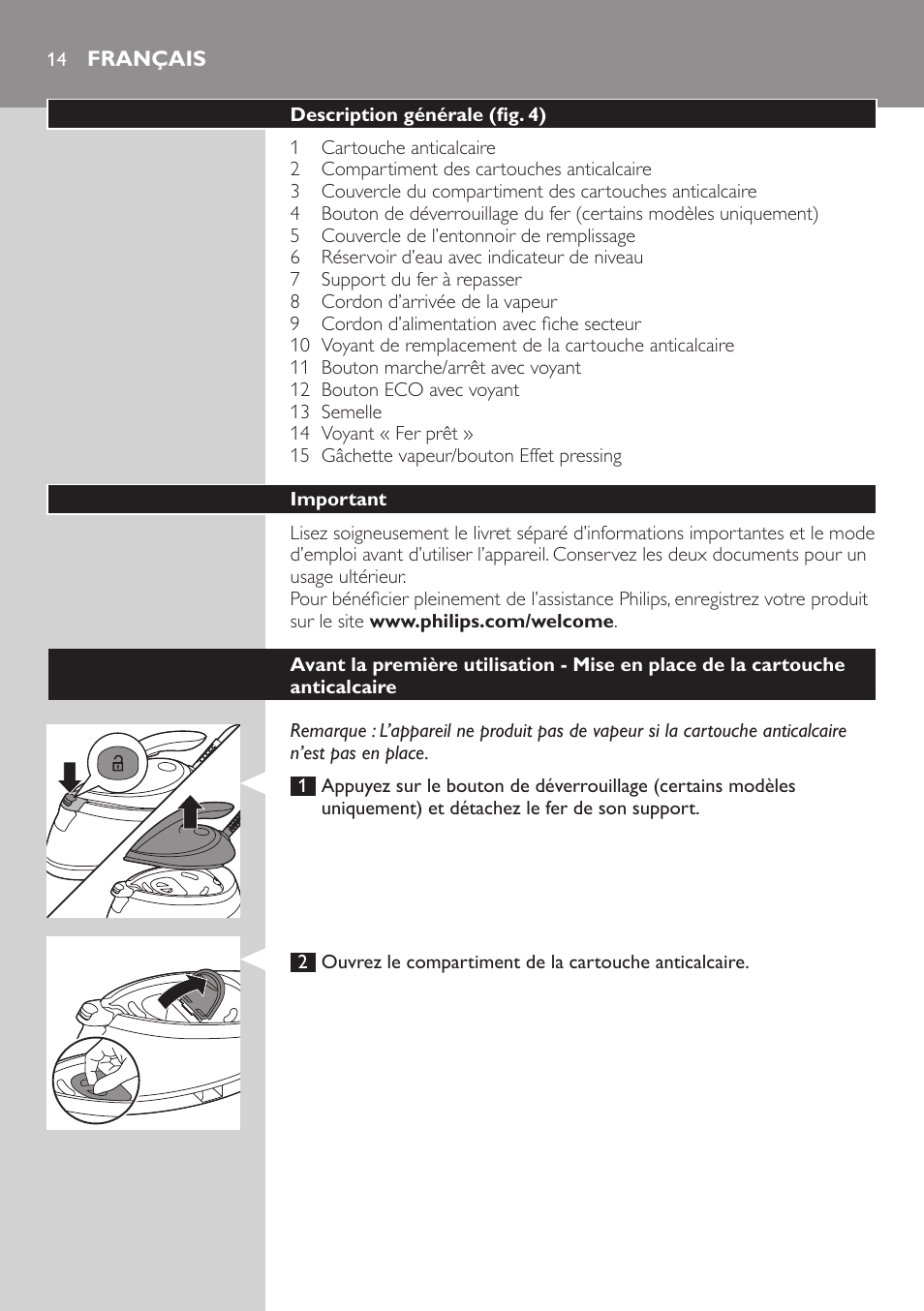 Français | Philips PerfectCare Pure Cartouche anticalcaire User Manual |  Page 14 / 46 | Original mode