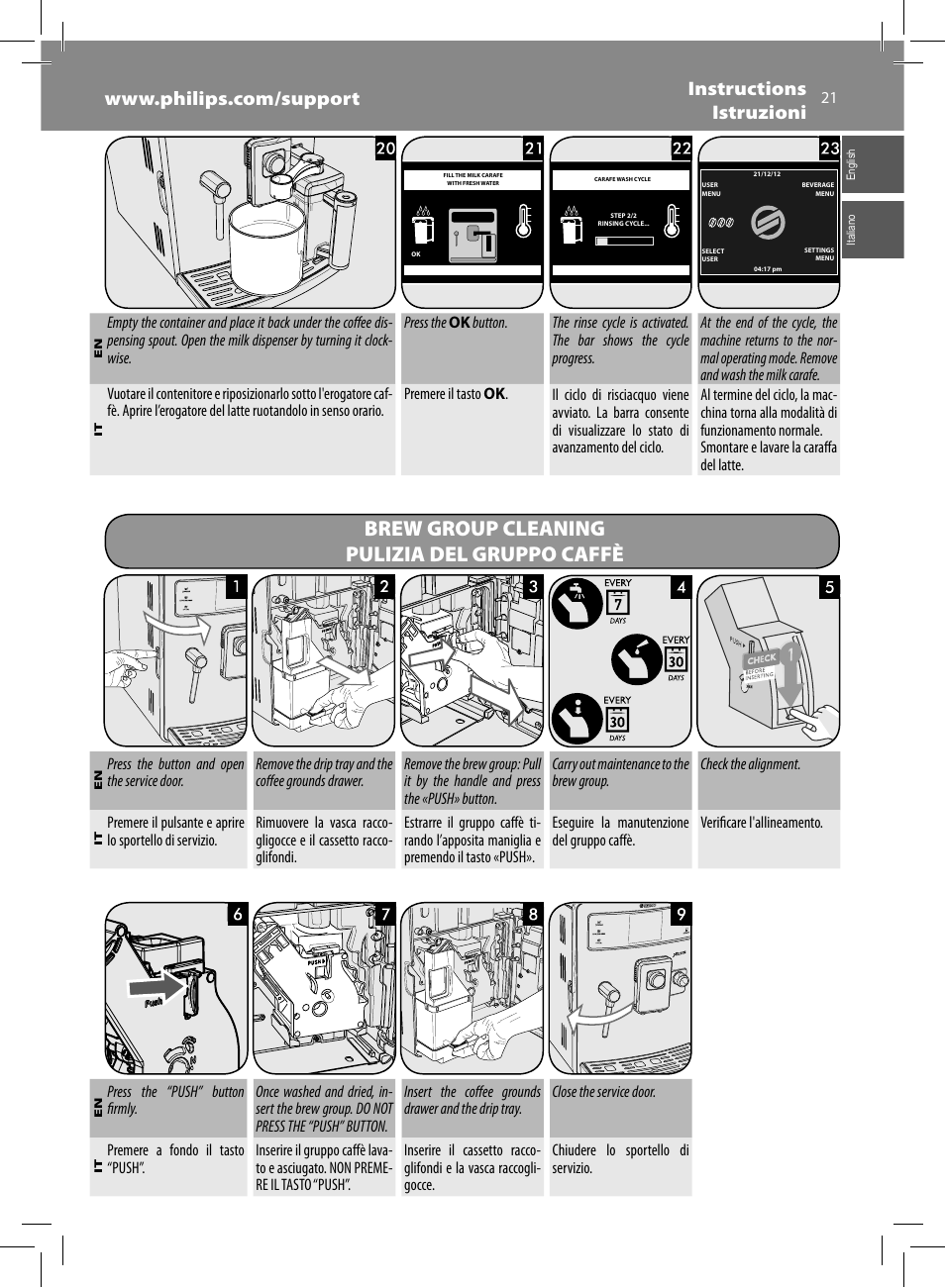 Brew group cleaning pulizia del gruppo caffè | Philips Saeco Xelsis Evo  Machine espresso Super Automatique User Manual | Page 21 / 68 | Original  mode