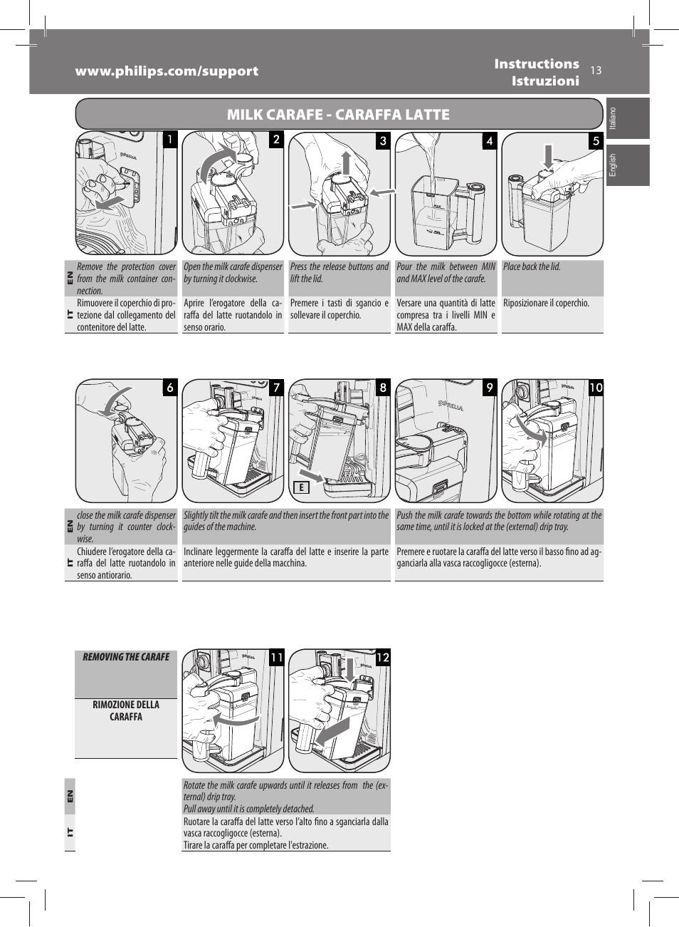Milk carafe, Caraffa latte | Philips Saeco Exprelia Evo Machine espresso  Super Automatique User Manual | Page 13 / 60 | Original mode