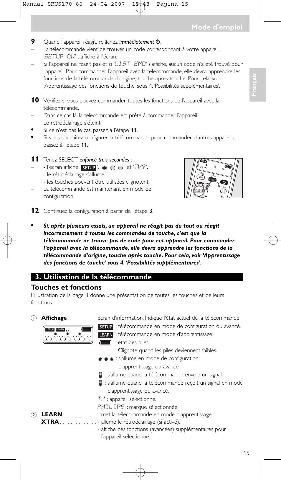 Mode d'emploi | Philips Télécommande universelle User Manual | Page 15 / 80  | Original mode