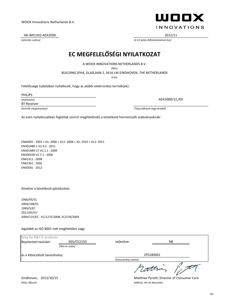 Ec megfelelőségi nyilatkozat | Philips Adaptateur Hi-Fi Bluetooth® User  Manual | Page 13 / 21 | Original mode