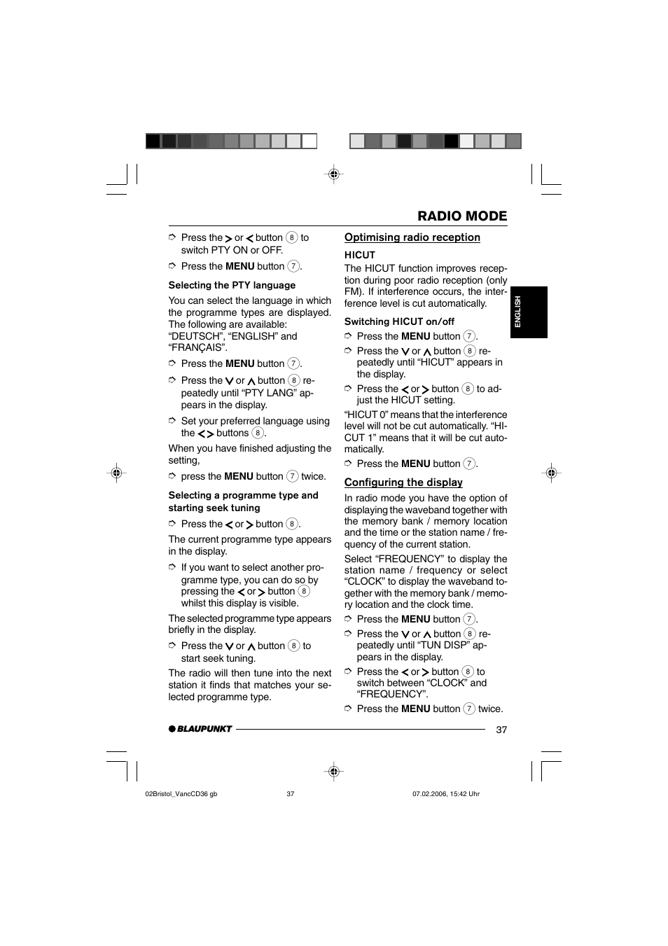 Radio mode | Blaupunkt BRISTOL CD36 User Manual | Page 14 / 26 | Original  mode