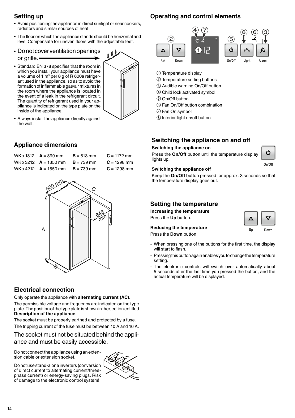 Setting the temperature, Operating and control elements, Switching the