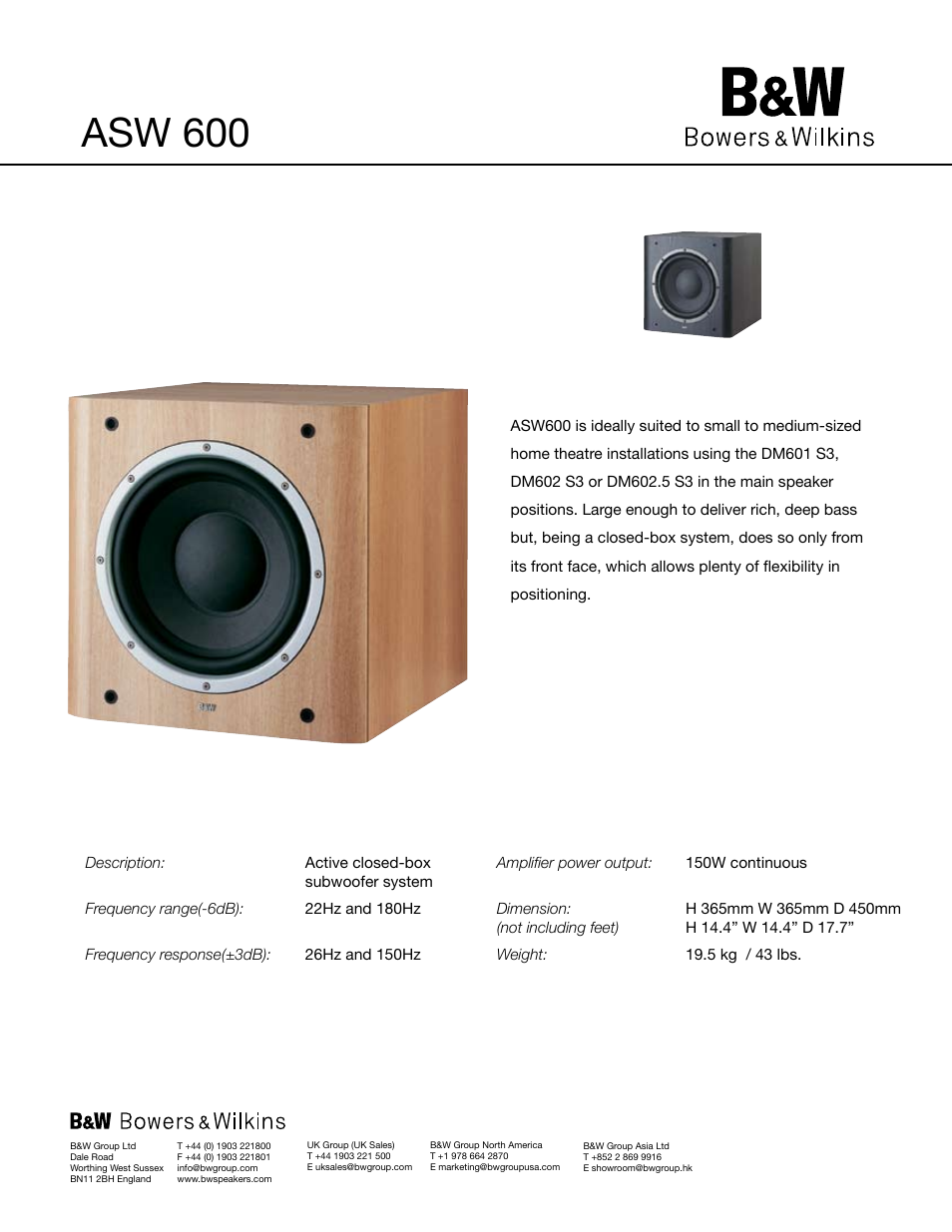 Bowers Active Subwoofer ASW600 User Manual | 1 page