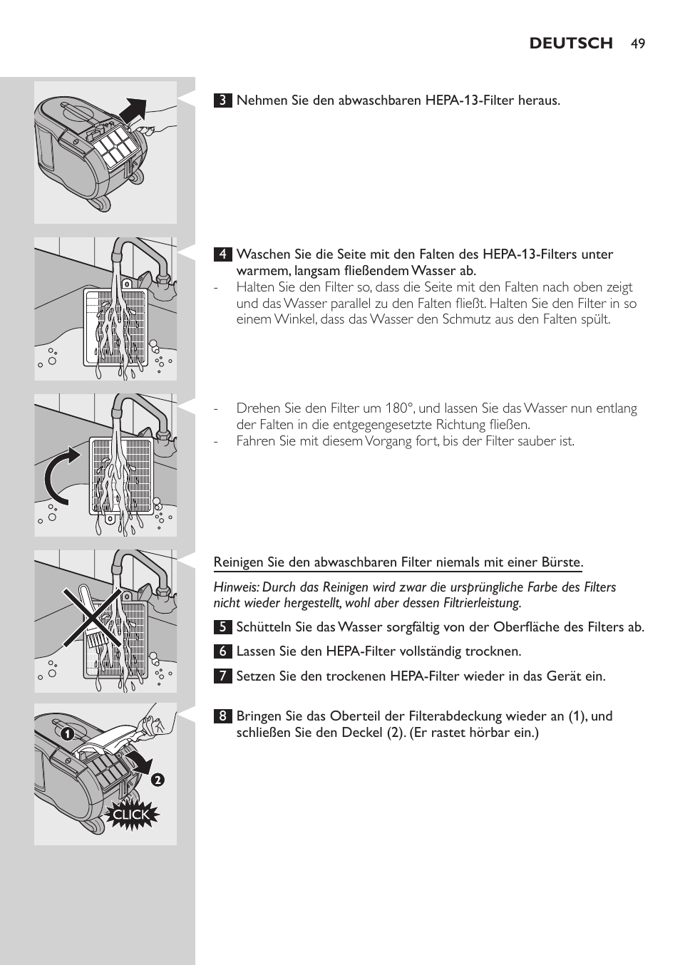 Reinigen des motorschutzfilters, Abwaschbarer ultra-clean-air-hepa-13-filter  | Philips ErgoFit Beutelloser Staubsauger User Manual | Page 49 / 218 |  Original mode