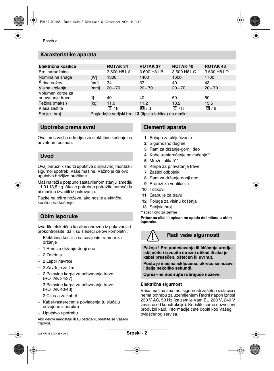 Karakteristike aparata | Bosch ROTAK 37 User Manual | Page 135 / 171 |  Original mode