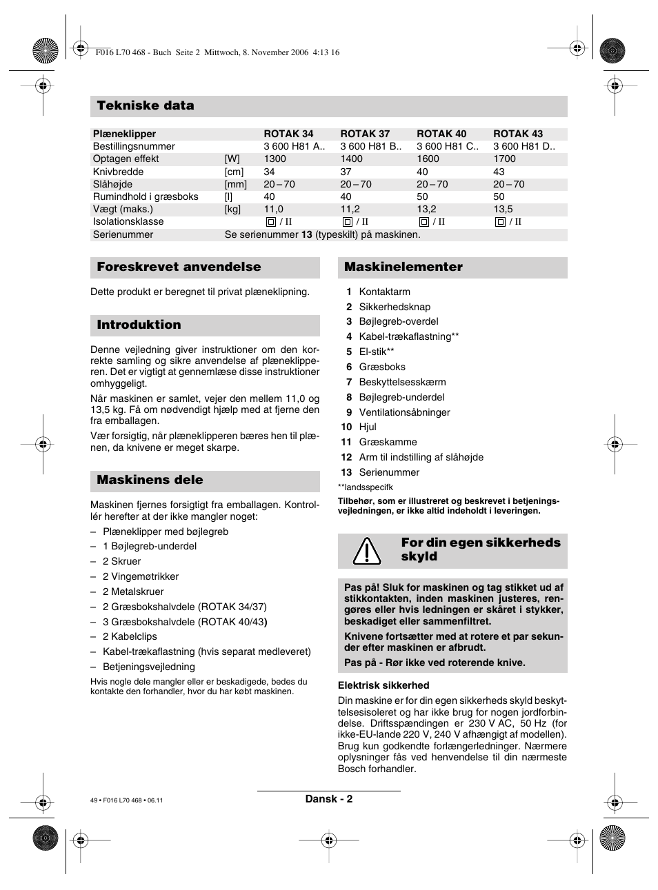 Tekniske data | Bosch ROTAK 37 User Manual | Page 49 / 171