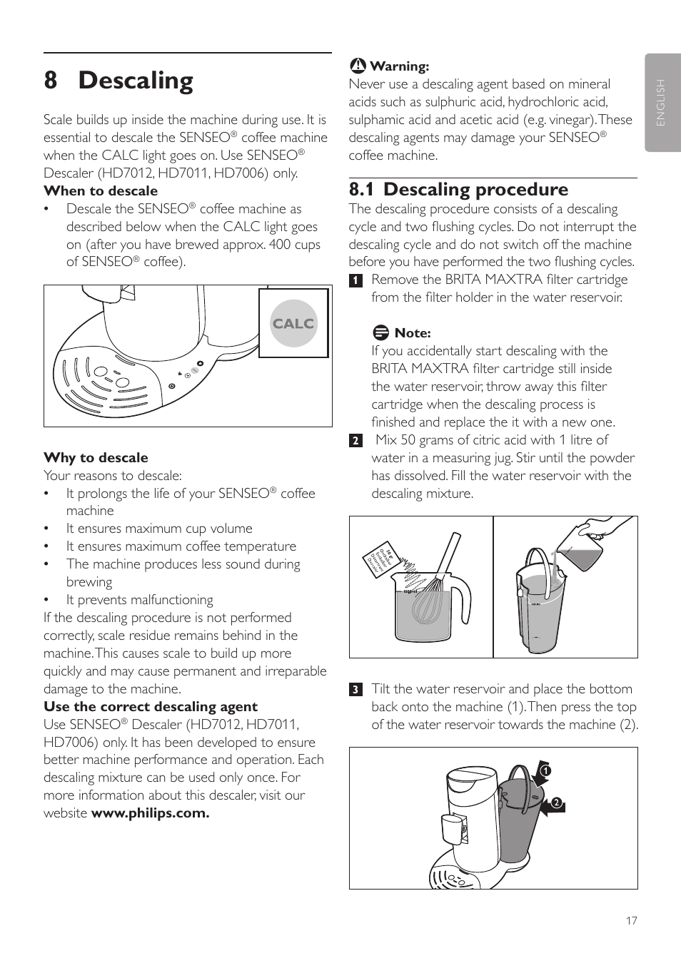 8 descaling, 1 descaling procedure | Philips SENSEO® Twist  Kaffeepadmaschine User Manual | Page 17 / 138 | Original mode
