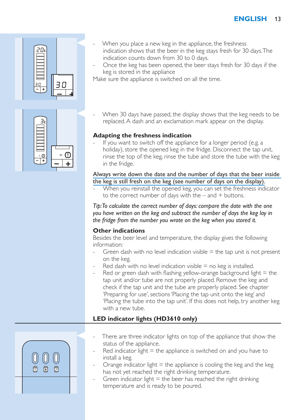 Other indications, Led indicator lights (hd3610 only) | Philips PerfectDraft  Bierzapfanlage User Manual | Page 13 / 86