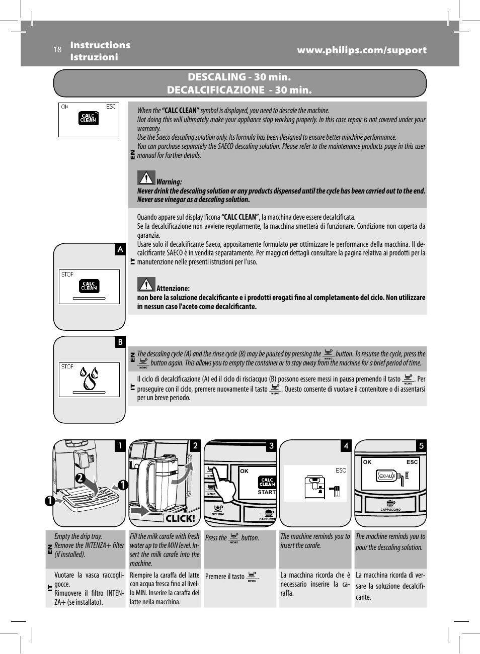 Descaling - 30 min. decalcificazione - 30 min | Philips Saeco Intelia Evo  Kaffeevollautomat User Manual | Page 18 / 74 | Original mode