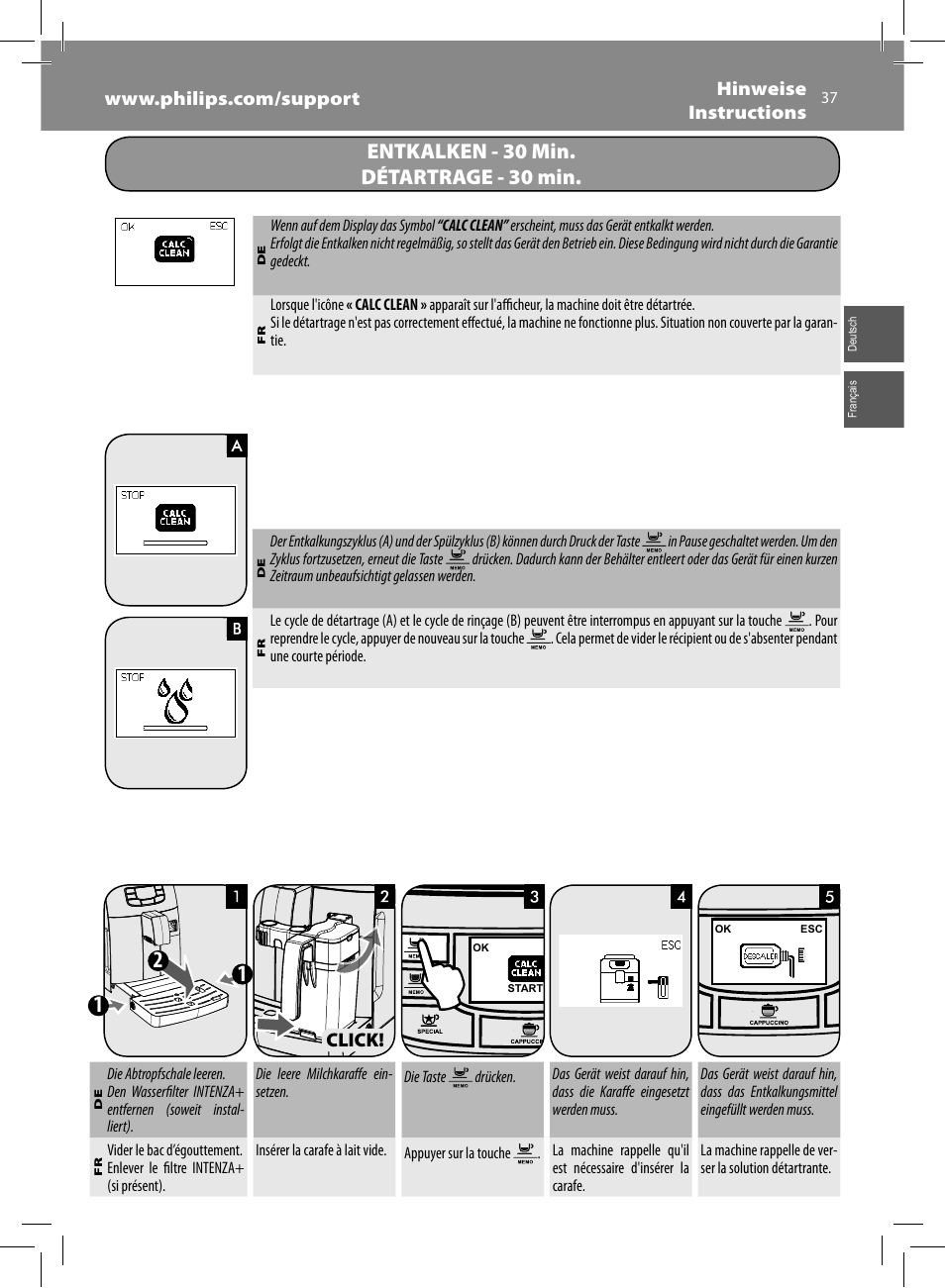 Entkalken - 30 min. détartrage - 30 min, Click | Philips Saeco  Kaffeevollautomat User Manual | Page 37 / 68 | Original mode