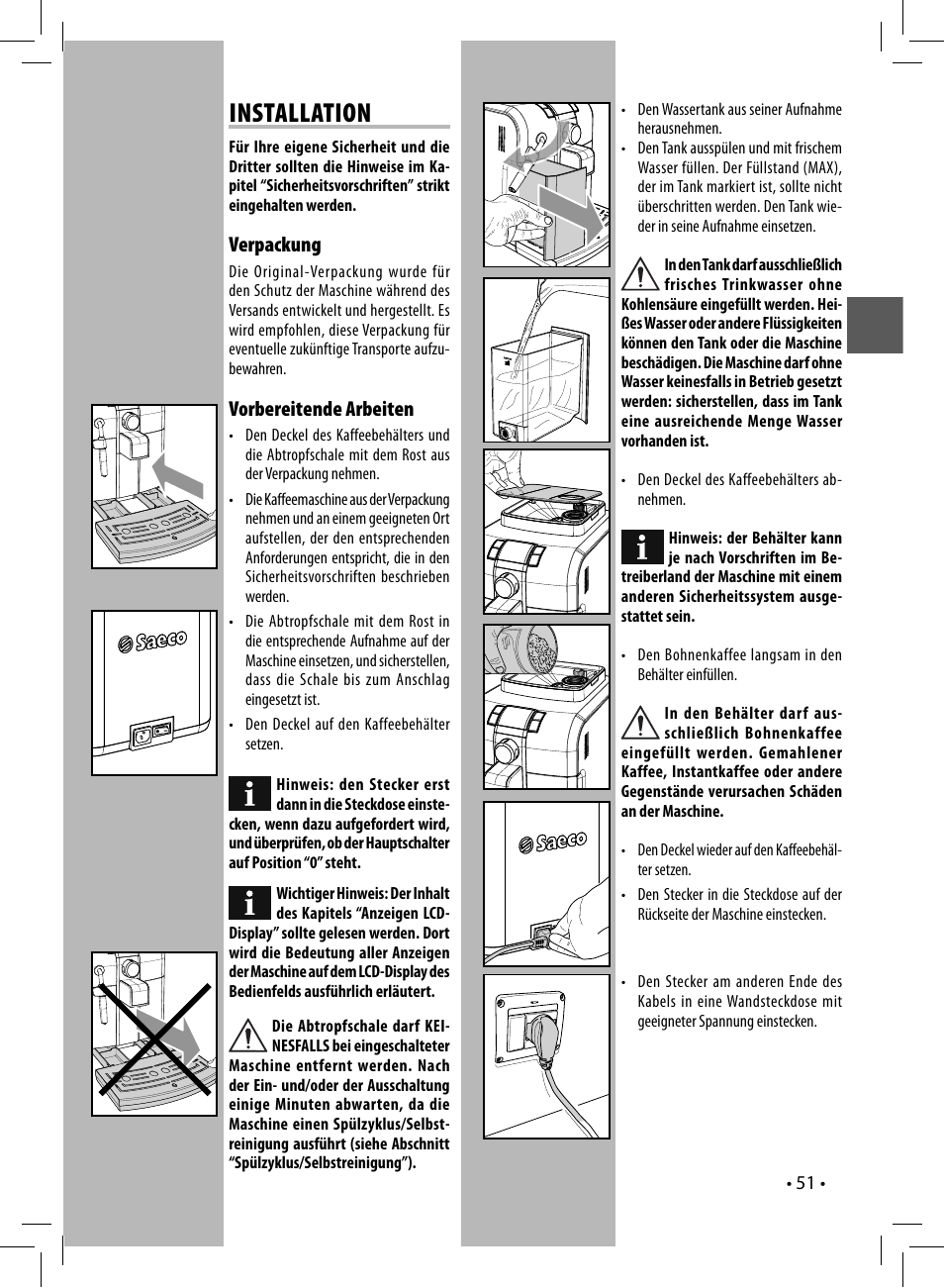 Installation, Verpackung, Vorbereitende arbeiten | Philips Saeco Syntia  Kaffeevollautomat User Manual | Page 51 / 96 | Original mode