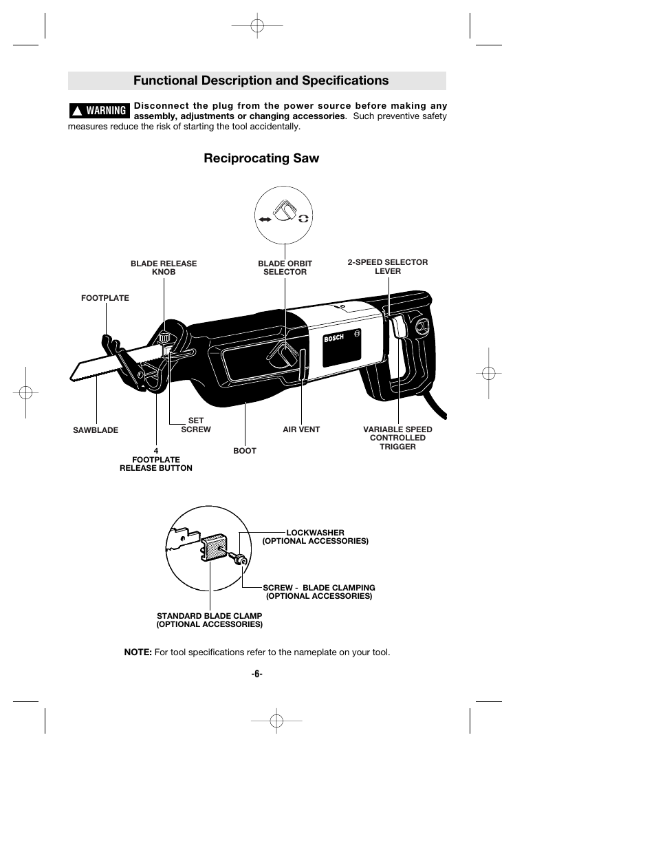 Functional description and specifications Reciprocating saw