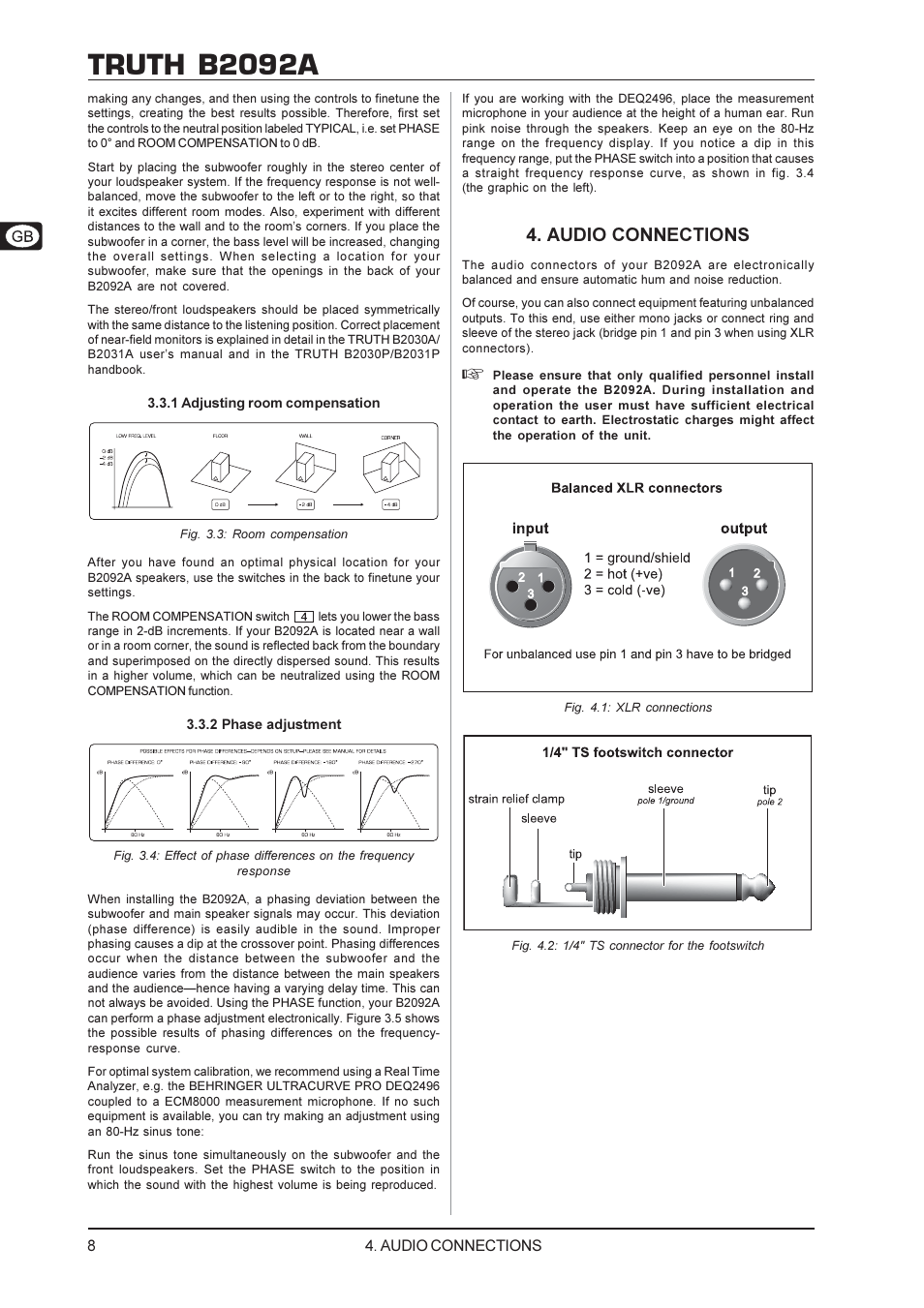 Truth b2092a, Audio connections | Behringer TRUTH B2092A User Manual | Page  8 / 10 | Original mode