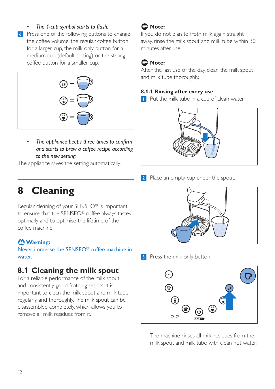 8 cleaning, 1 cleaning the milk spout | Philips SENSEO® Latte Duo  Kaffeepadmaschine User Manual | Page 12 / 76