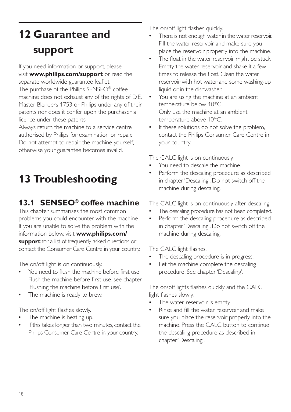 12 guarantee and support, 13 troubleshooting, 1 senseo | Philips SENSEO®  Latte Duo Kaffeepadmaschine User Manual | Page 18 / 76