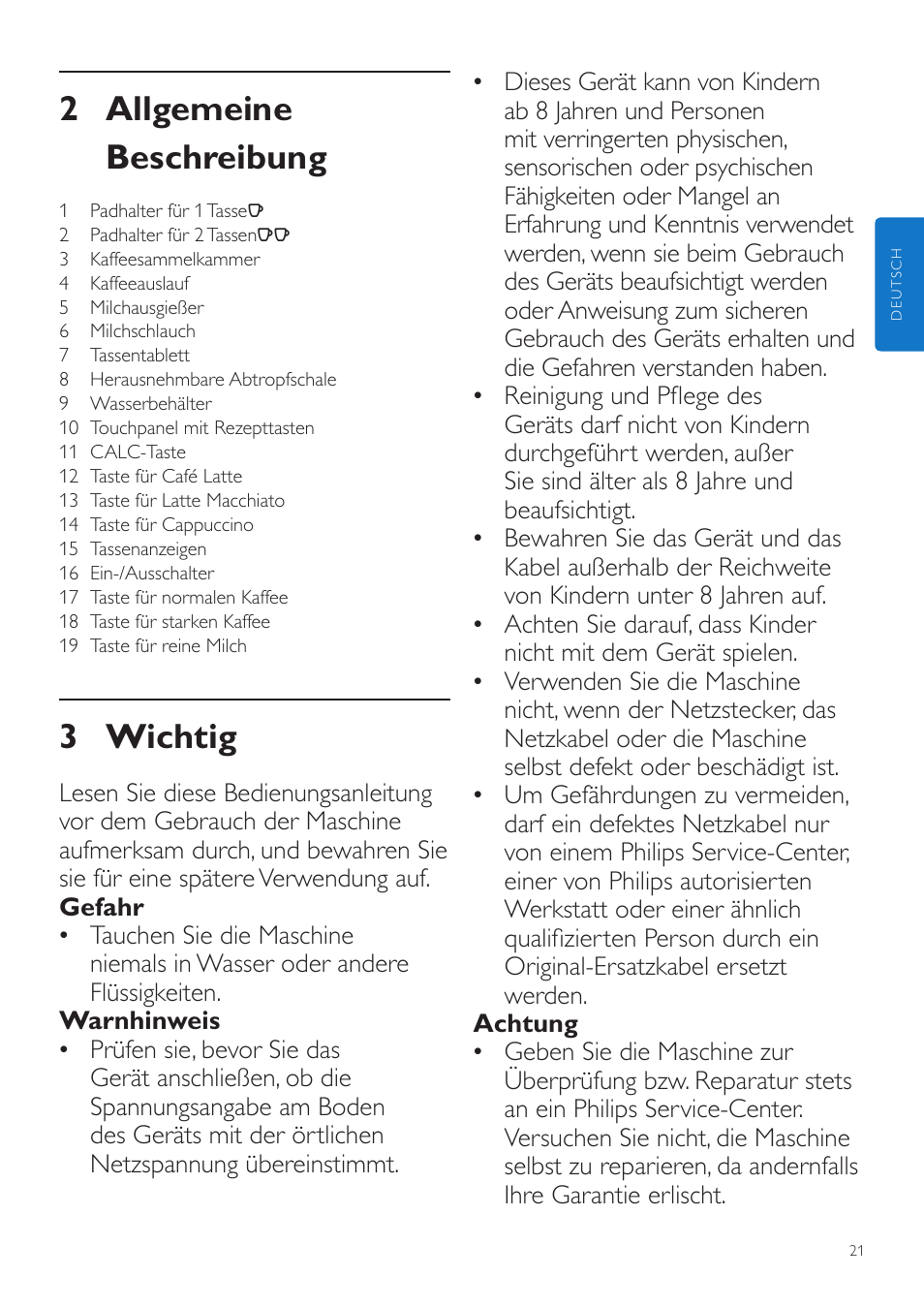 2 allgemeine beschreibung, 3 wichtig | Philips SENSEO® Latte Duo  Kaffeepadmaschine User Manual | Page 21 / 76 | Original mode