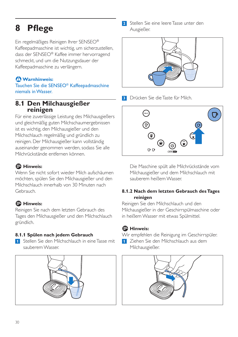 8 pflege, 1 den milchausgießer reinigen | Philips SENSEO® Latte Duo  Kaffeepadmaschine User Manual | Page 30 / 76