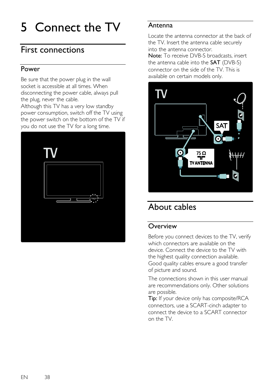 5 connect the tv, First connections, Power | Philips 46PFL5605H-12 User  Manual | Page 38 / 65 | Original mode