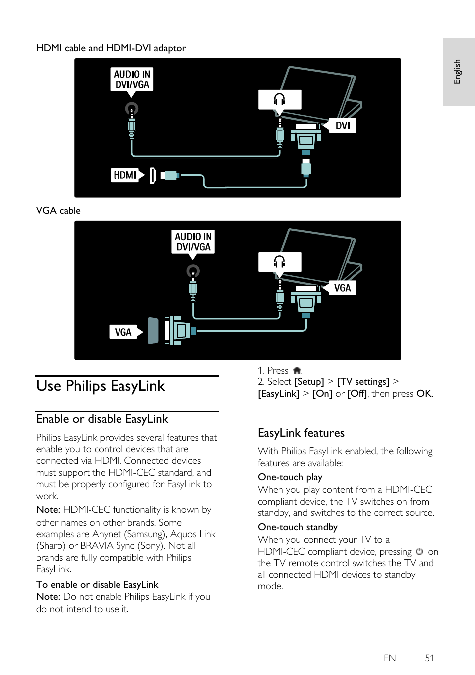 Use philips easylink, Enable or disable easylink, Easylink features |  Philips 46PFL5605H-12 User Manual | Page 51 / 65