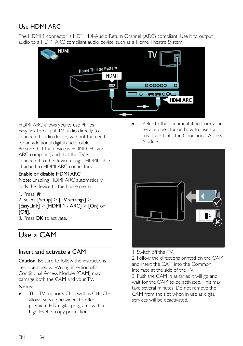 Use hdmi arc, Use cam, Insert and activate a | Philips 46PFL5605H-12 User Manual | Page 54 / 65