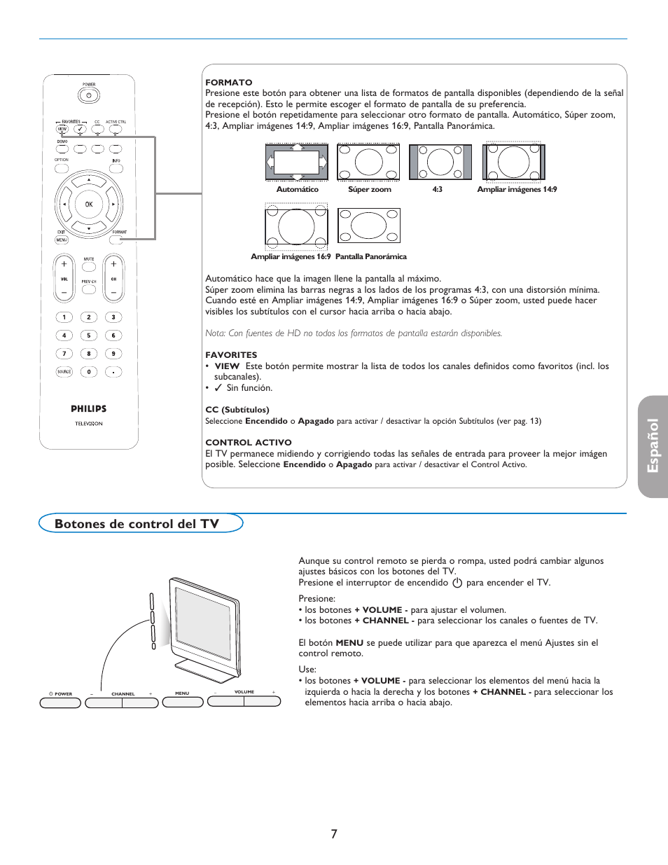 English française español, Botones de control del tv | Philips digital  widescreen flat TV 37PFL5332D 37&quot; LCD integrated digital with Pixel  Plus 3 HD User Manual | Page 91 / 124 | Original mode